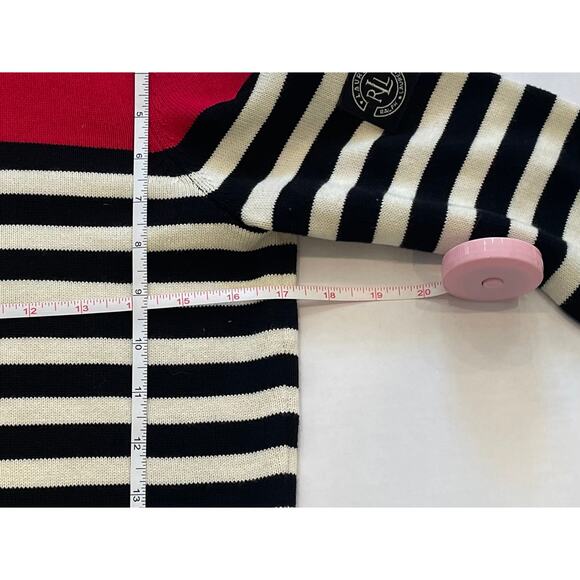 Lauren Ralph Lauren Cotton Red, White Black Stripe 1/4 Zip Sweater, Preppy, M - Picture 10 of 11